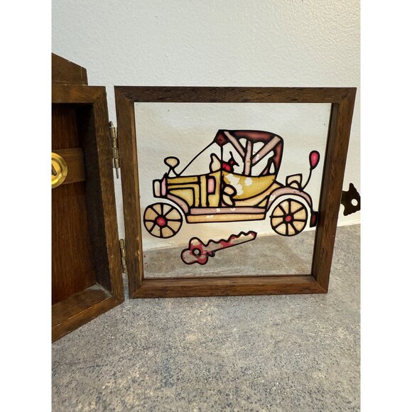 Wooden Key Holder Wall Mount VTG Stained Glass Antique Car Ford Model T Fob Trac - Picture 13 of 16